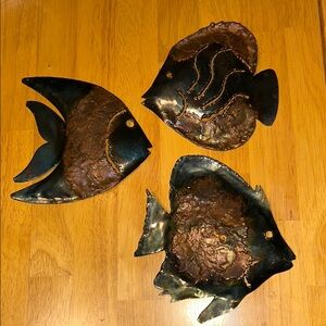 Vintage Artistic Brutalist hand cut & sculpted Metal with copper Fish Decor Set